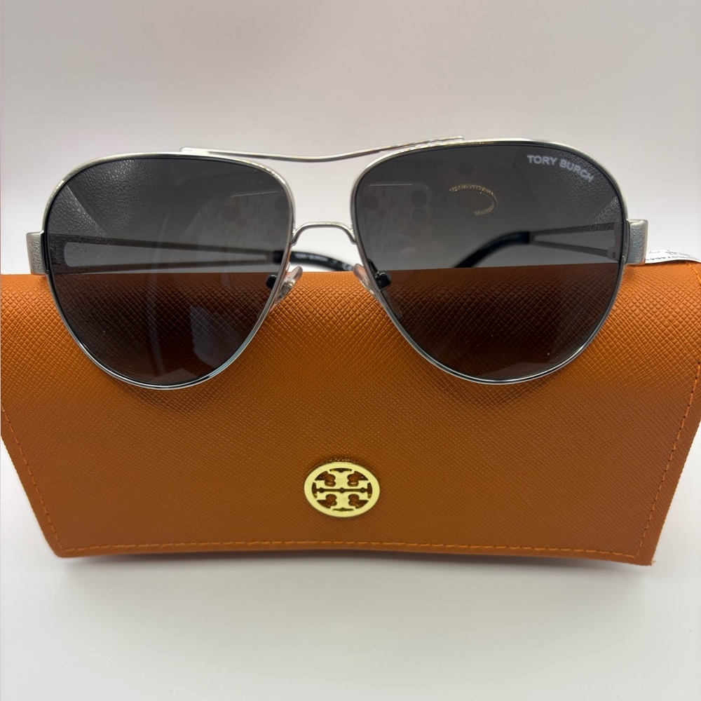 Tory Burch Silver Aviator Sunglasses with Orange Case